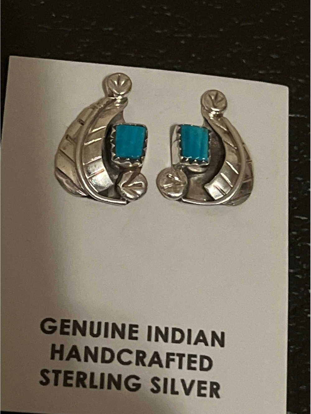 Native American Zuni handmade sterling silver turquoise earrings feather design